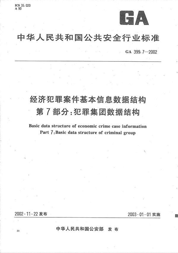 经济犯罪案件基本信息数据结构  第7部分：犯罪集团数据结构 (GA 399.7-2002）