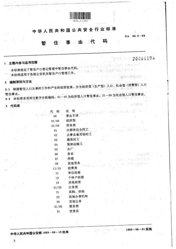 暂住人口基本信息管理标准  暂住事由代码 (GA 56.2-1993）