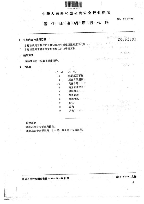 暂住人口基本信息管理标准 暂住证注销原因代码 (GA 56.7-1993）