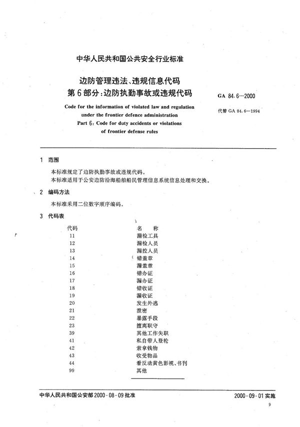 边防管理违法、违规信息代码 第6部分：边防执勤事故或违规代码 (GA 84.6-2000）