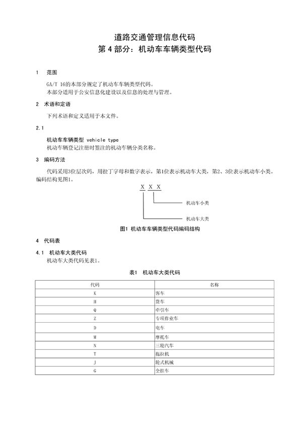 机动车车辆类型代码 (GA/T 16.4-2012)