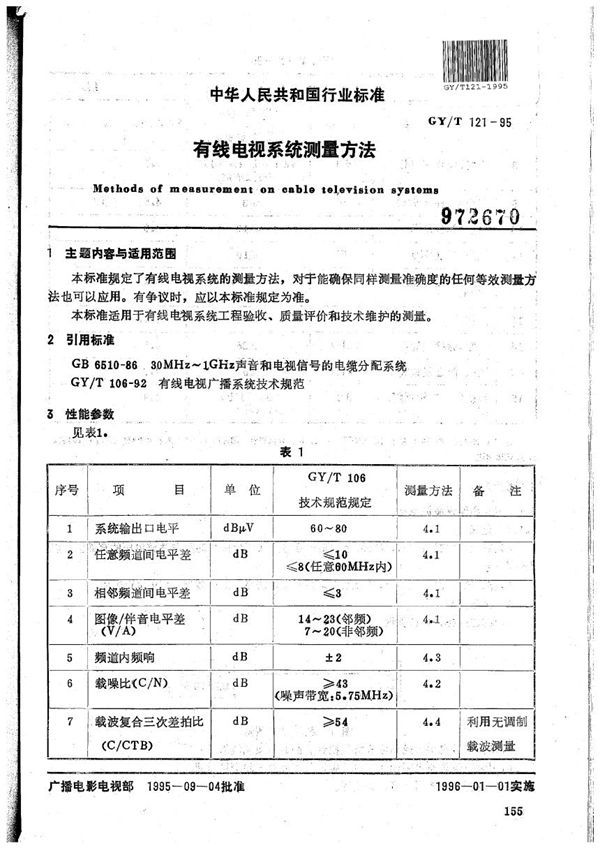 有线电视系统测量方法 (GY/T 121-1995）