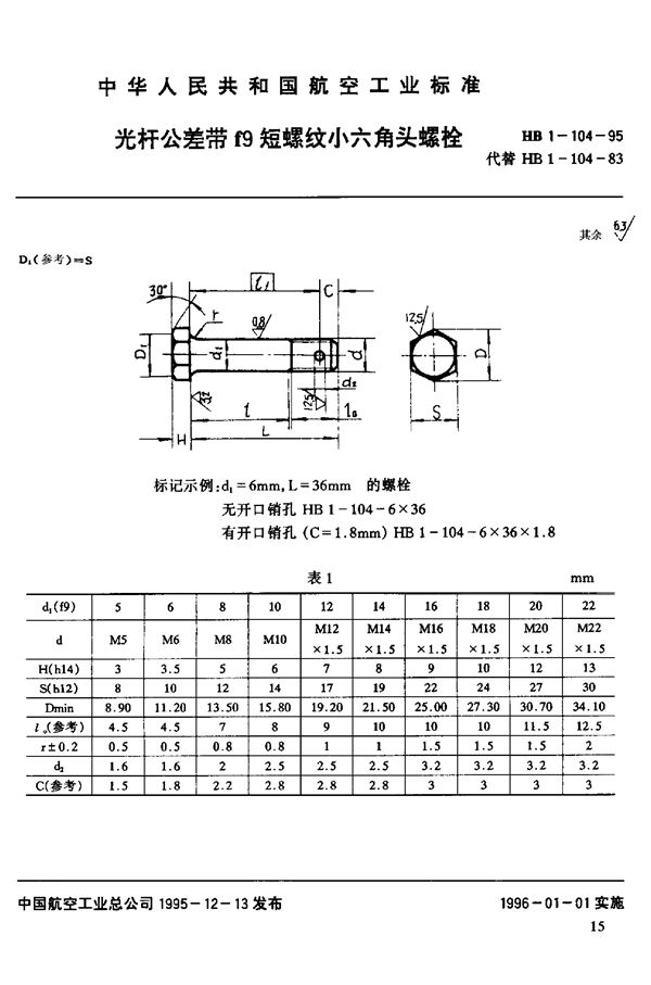 光杆公差带f9短螺纹小六角头螺栓 (HB 1-104-1995)