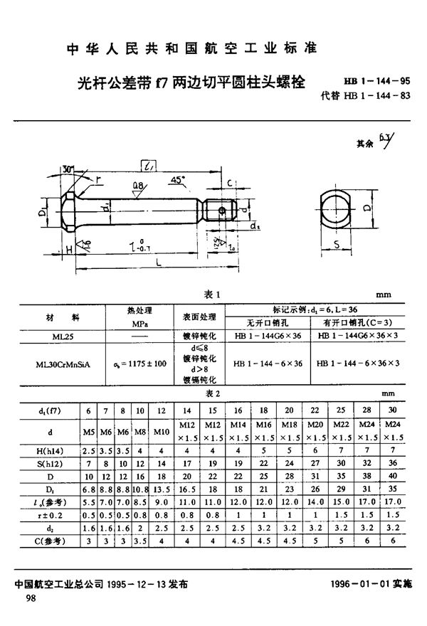 光杆公差带f7两边切平圆柱头螺栓 (HB 1-144-1995)