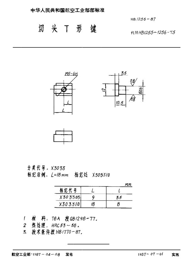 切头T形键 (HB 1256-1987)