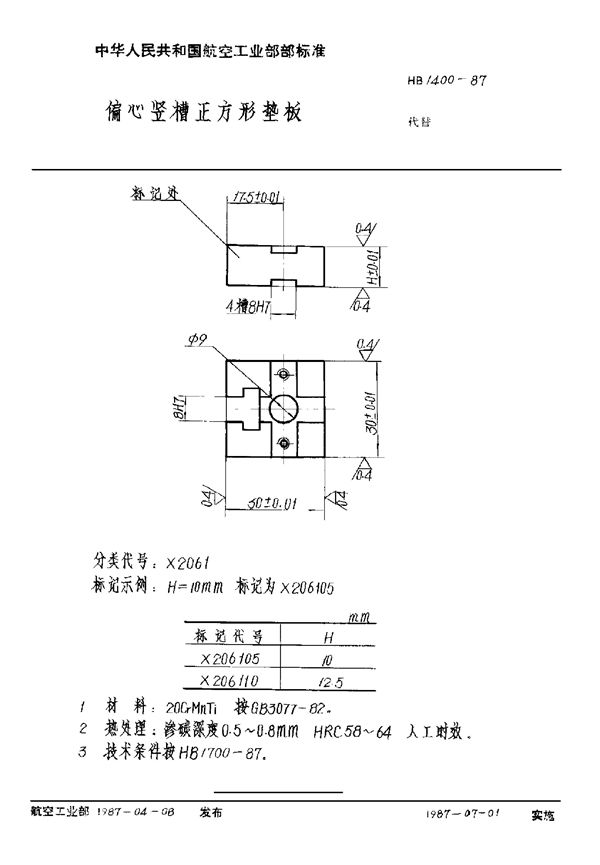 偏心竖槽正方形垫板 (HB 1400-1987)