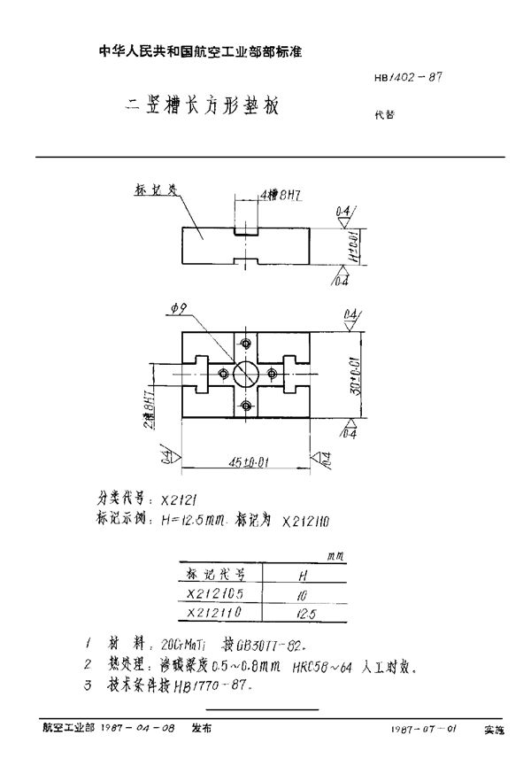 二竖槽长方形垫板 (HB 1402-1987)