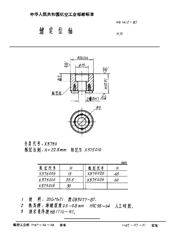 键定位轴 (HB 1412-1987)