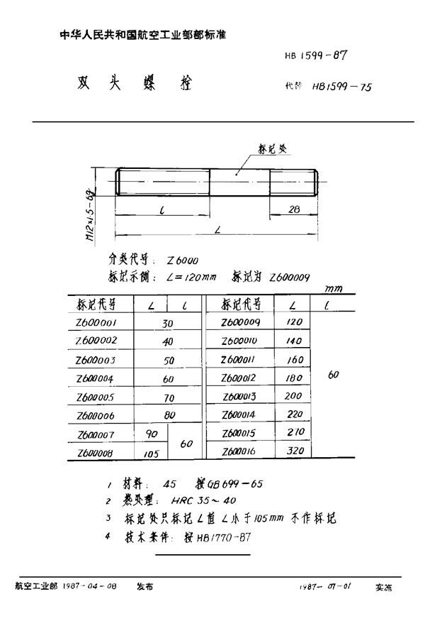 双头螺栓 (HB 1599-1987)