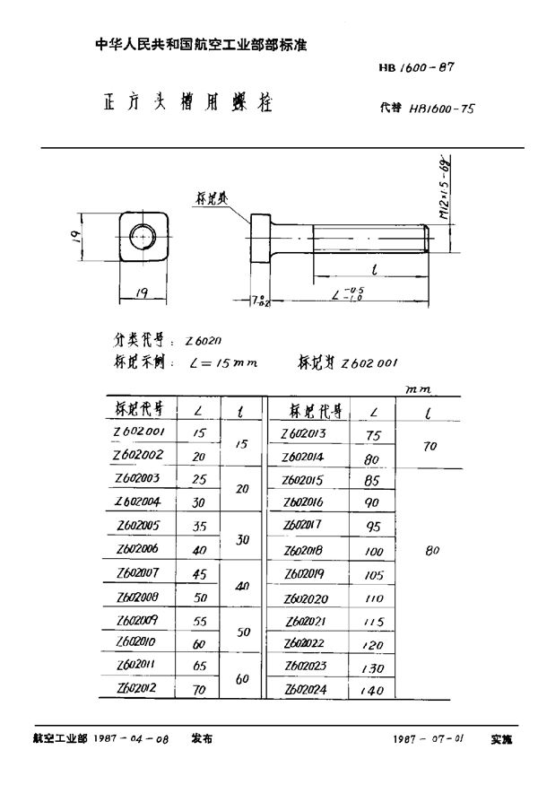 正方头槽用螺栓 (HB 1600-1987)