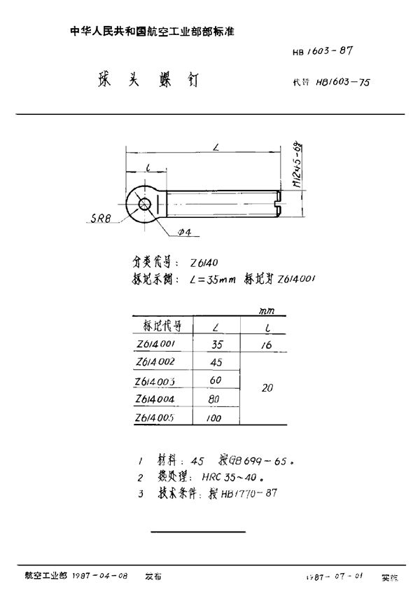 球头螺钉 (HB 1603-1987)