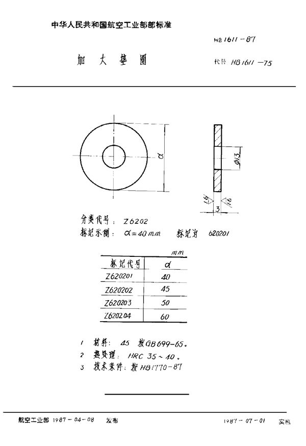 加大垫圈 (HB 1611-1987)