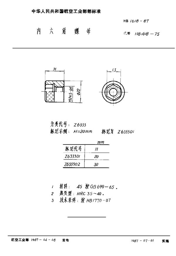 内六角螺母 (HB 1618-1987)