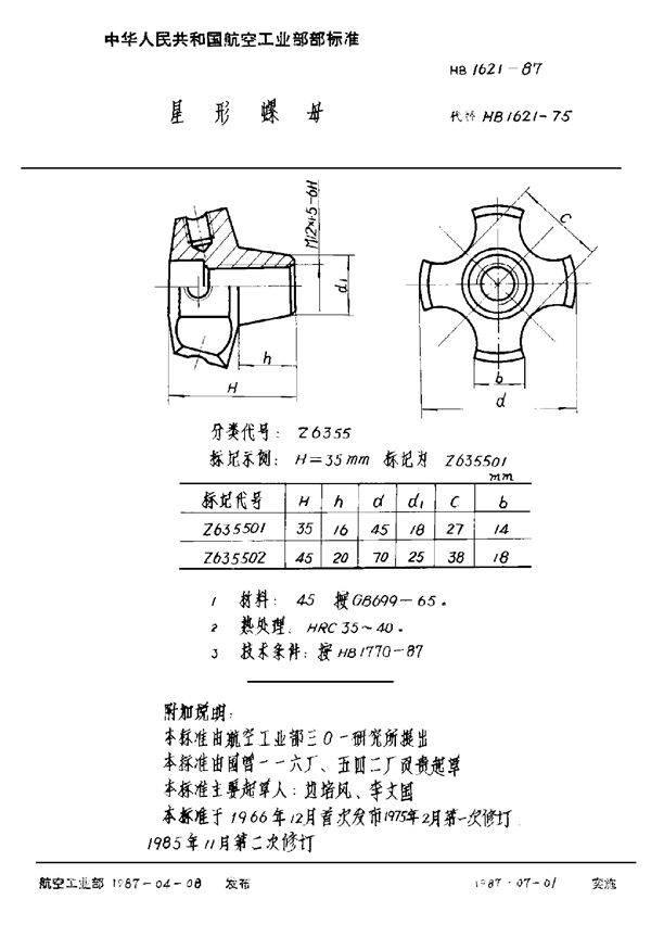 星形螺母 (HB 1621-1987)