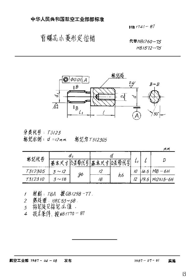 盲螺孔小菱形定位销 (HB 1741-1987)