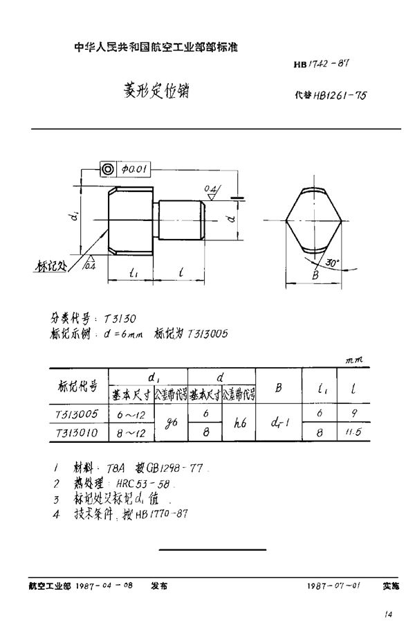 菱形定位销 (HB 1742-1987)