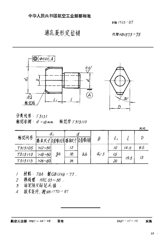 通孔菱形定位销 (HB 1743-1987)