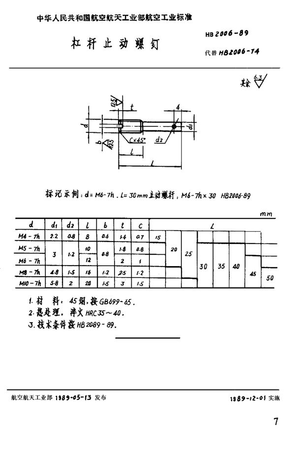 杠杆止动螺杆 (HB 2006-1989)