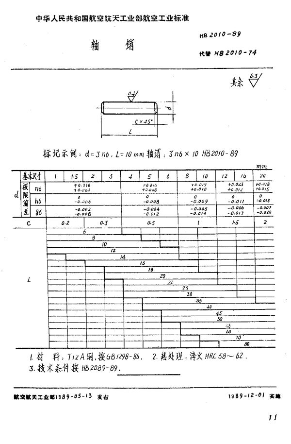 轴销 (HB 2010-1989)