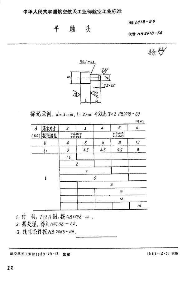 平触头 (HB 2018-1989)