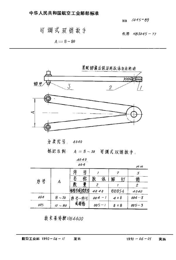 可调式双销扳手 A＝8~80 (HB 3045-1989)