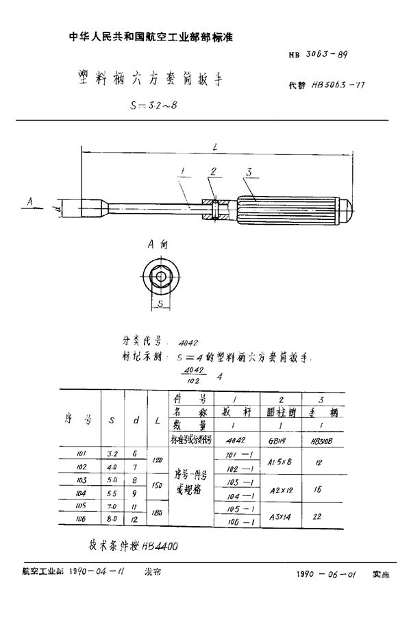 塑料柄六方套筒扳手 S=3.2～8 (HB 3063-1989)