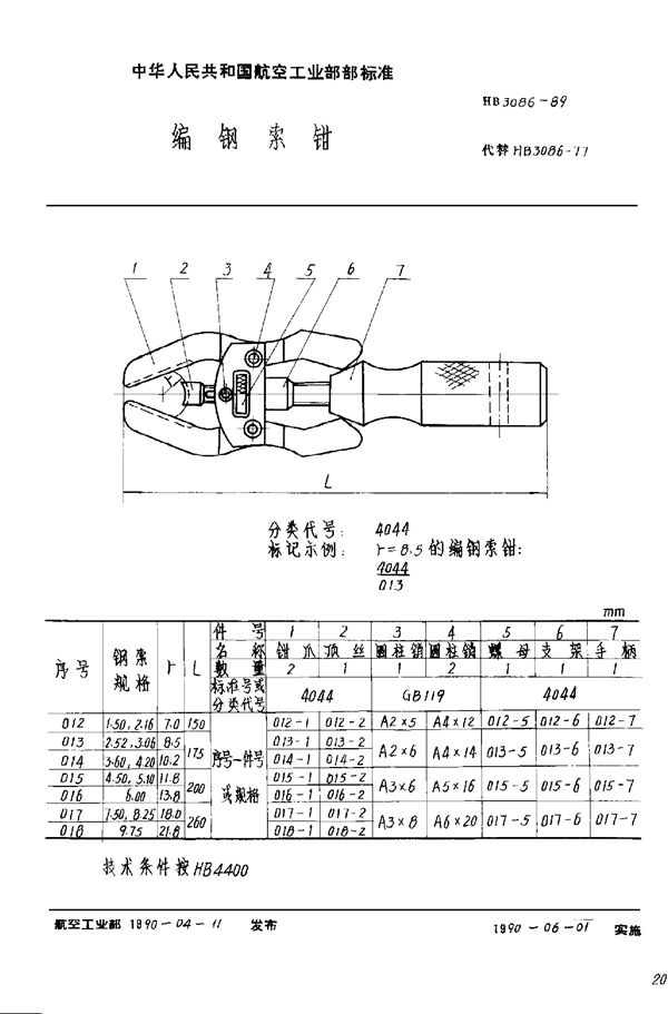 编钢索钳 (HB 3086-1989)