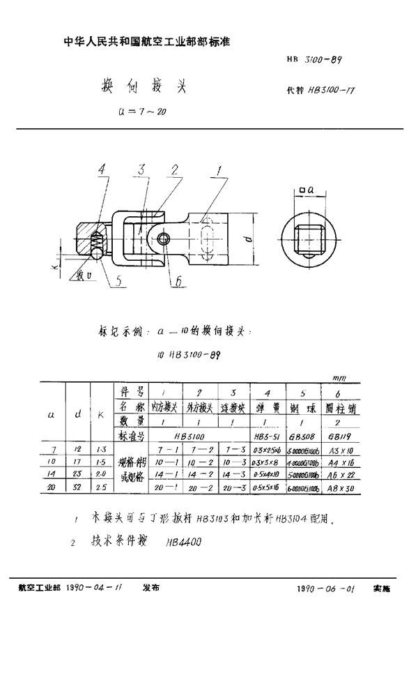 换向接头 a=7～20 (HB 3100-1989)