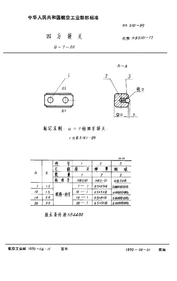 四方接头 a=7～20 (HB 3101-1989)