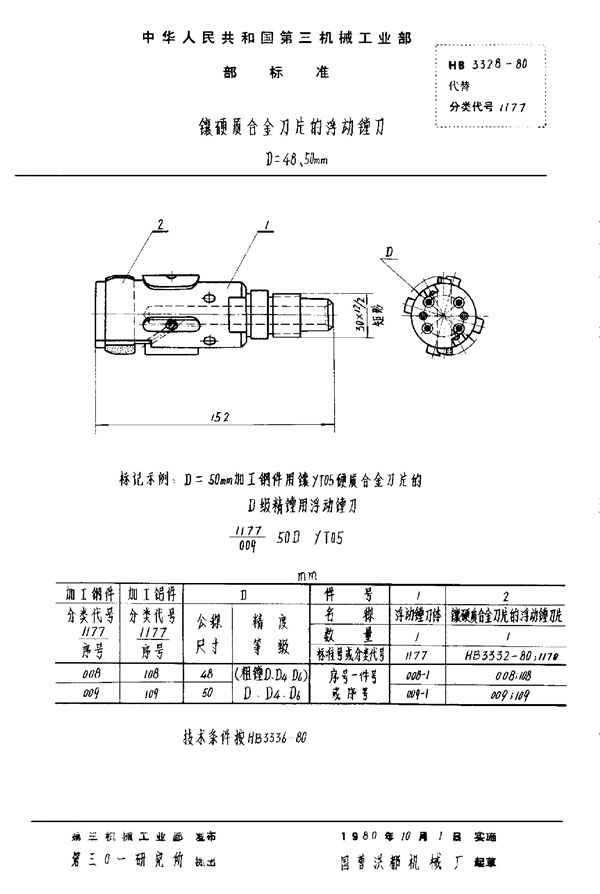 镶硬质合金刀片的浮动镗刀 D＝48～50mm (HB 3328-1980)