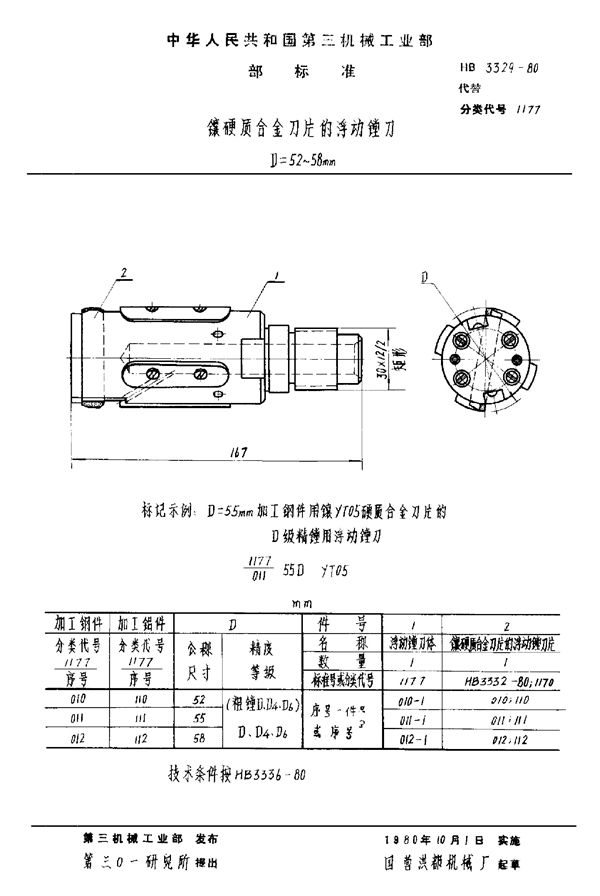 镶硬质合金刀片的浮动镗刀 D＝52～58mm (HB 3329-1980)