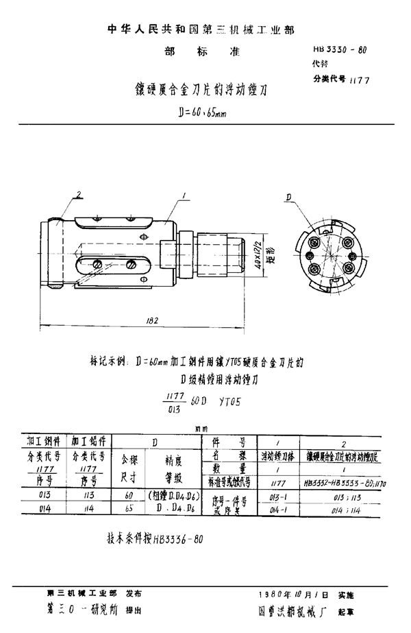 镶硬质合金刀片的浮动镗刀 D＝60～65mm (HB 3330-1980)