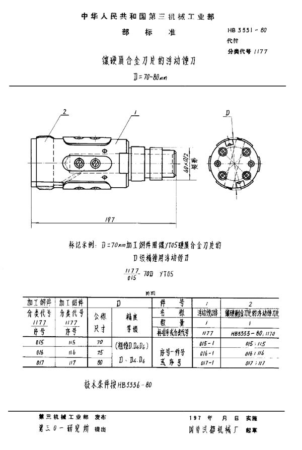 镶硬质合金刀片的浮动镗刀 D＝70～80mm (HB 3331-1980)