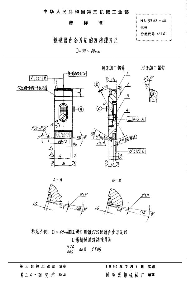 镶硬质合金刀片的浮动镗刀片 D＝30～60mm (HB 3332-1980)