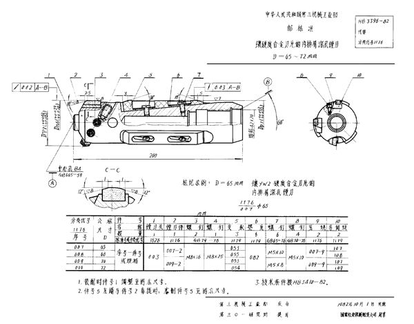 镶硬质合金刀片的内排屑深孔镗刀 D＝65～72mm (HB 3396-1982)