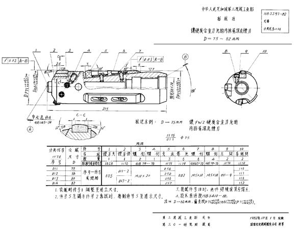 镶硬质合金刀片的内排屑深孔镗刀 D＝75～82mm (HB 3397-1982)