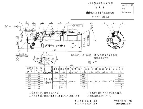 镶硬质合金刀片的内排屑深孔镗刀 D＝95～112mm (HB 3399-1982)