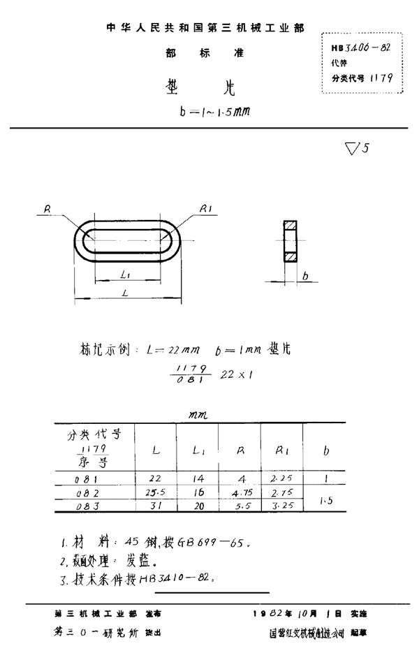 垫片 b＝1～1.5mm (HB 3406-1982)