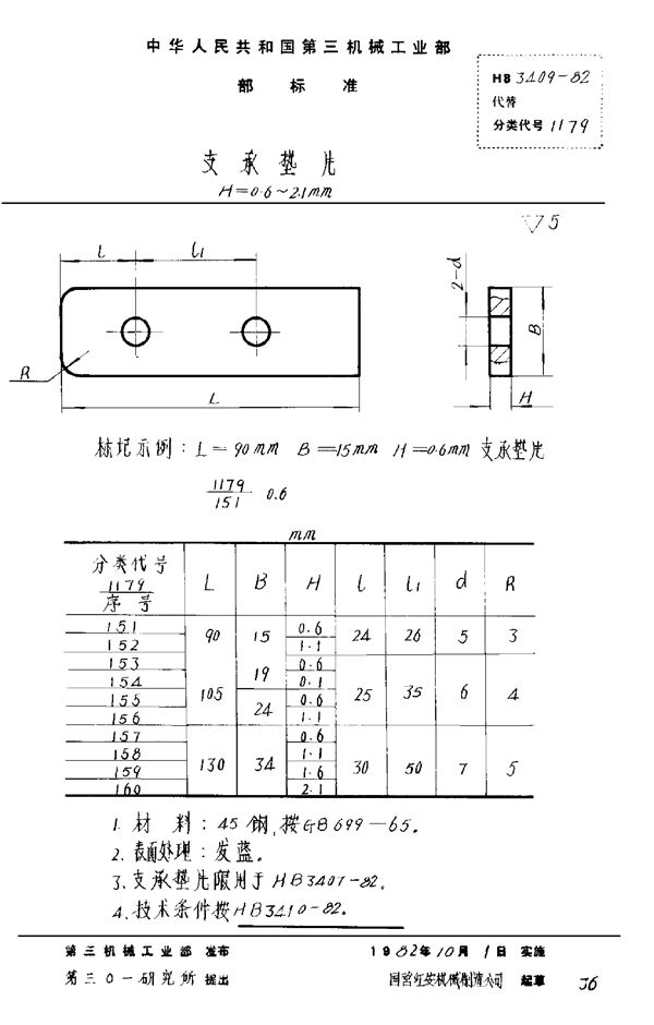 支承垫片 H＝0.6～2.1mm (HB 3409-1982)