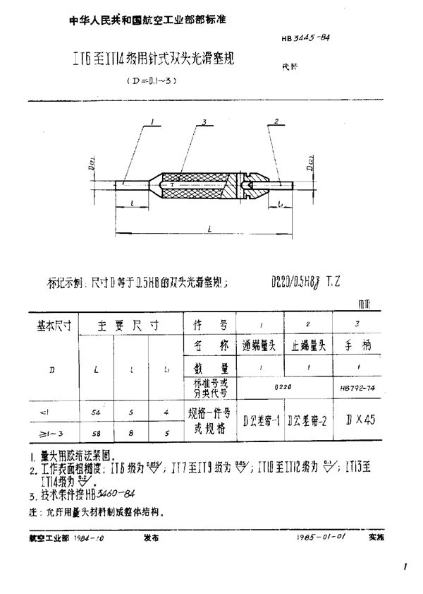 ⅠT6至ⅠT14级用针式双头光滑塞规(D≤3) (HB 3445-1984)