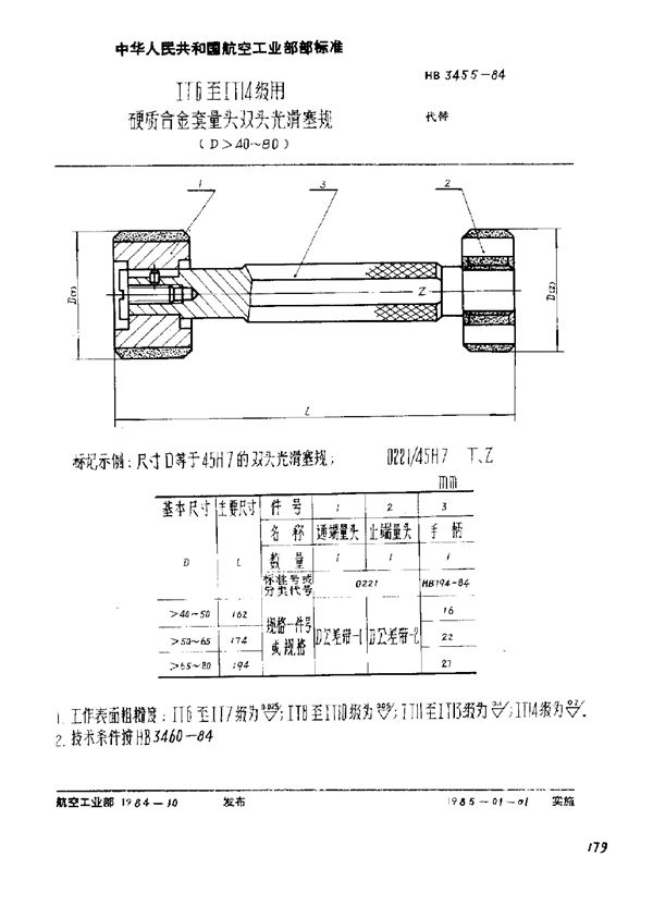 ⅠT6至ⅠT14级用硬质合金套量头双头光滑塞规(D＞40～80) (HB 3455-1984)