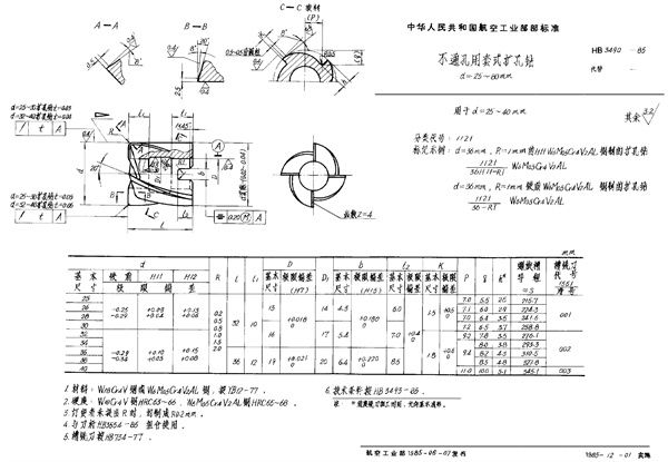 不通孔用套式扩孔钻 d＝25～80mm (HB 3490-1985)