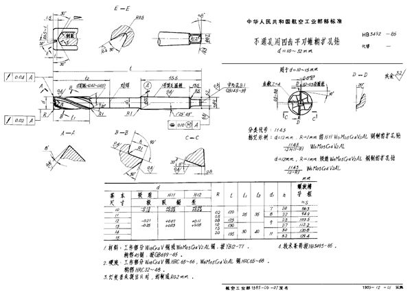 不通孔用四齿平刃锥柄扩孔钻 (HB 3492-1985)