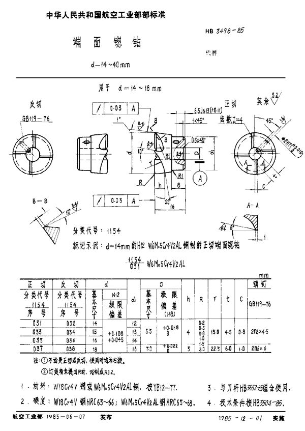 端面锪钻 d＝14～40mm (HB 3498-1985)