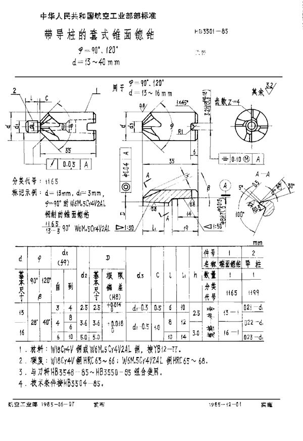 带导柱的套式锥面锪钻 Φ＝90°、120° (HB 3501-1985)