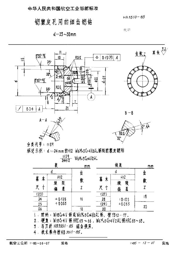 锪蒙皮孔用的细齿锪钻 d＝23～30mm (HB 3510-1985)