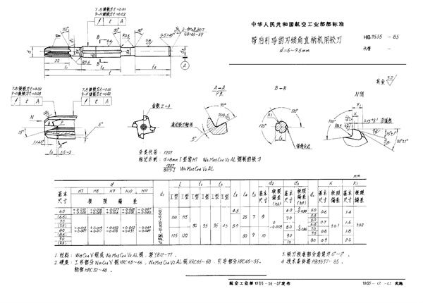 带后引导的刃倾角直柄机用铰刀 d＝6～9.5mm (HB 3535-1985)