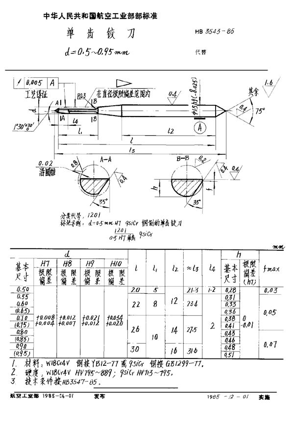 单齿铰刀 d＝0.5～0.95mm (HB 3543-1985)