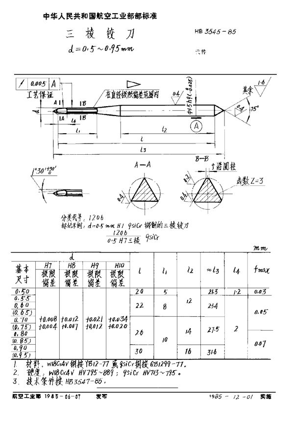 三棱铰刀 d＝0.5～0.95mm (HB 3545-1985)