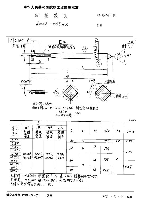 四棱铰刀 d＝0.5～0.95mm (HB 3546-1985)